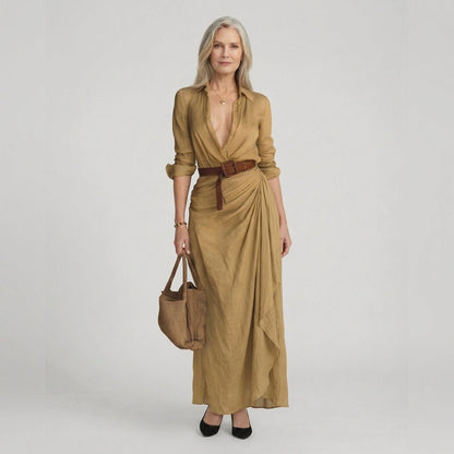 Long Sleeve Belted Shirt Maxi Dress