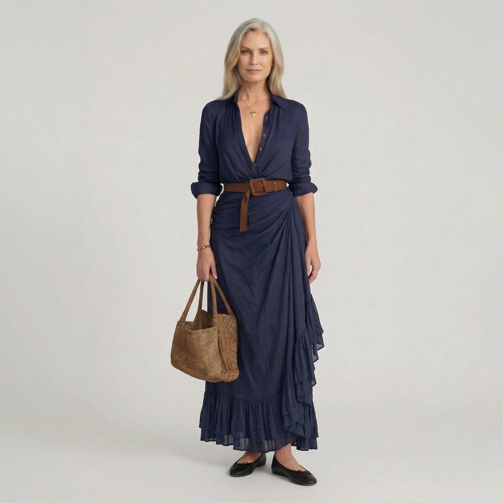 Long Sleeve Belted Shirt Maxi Dress