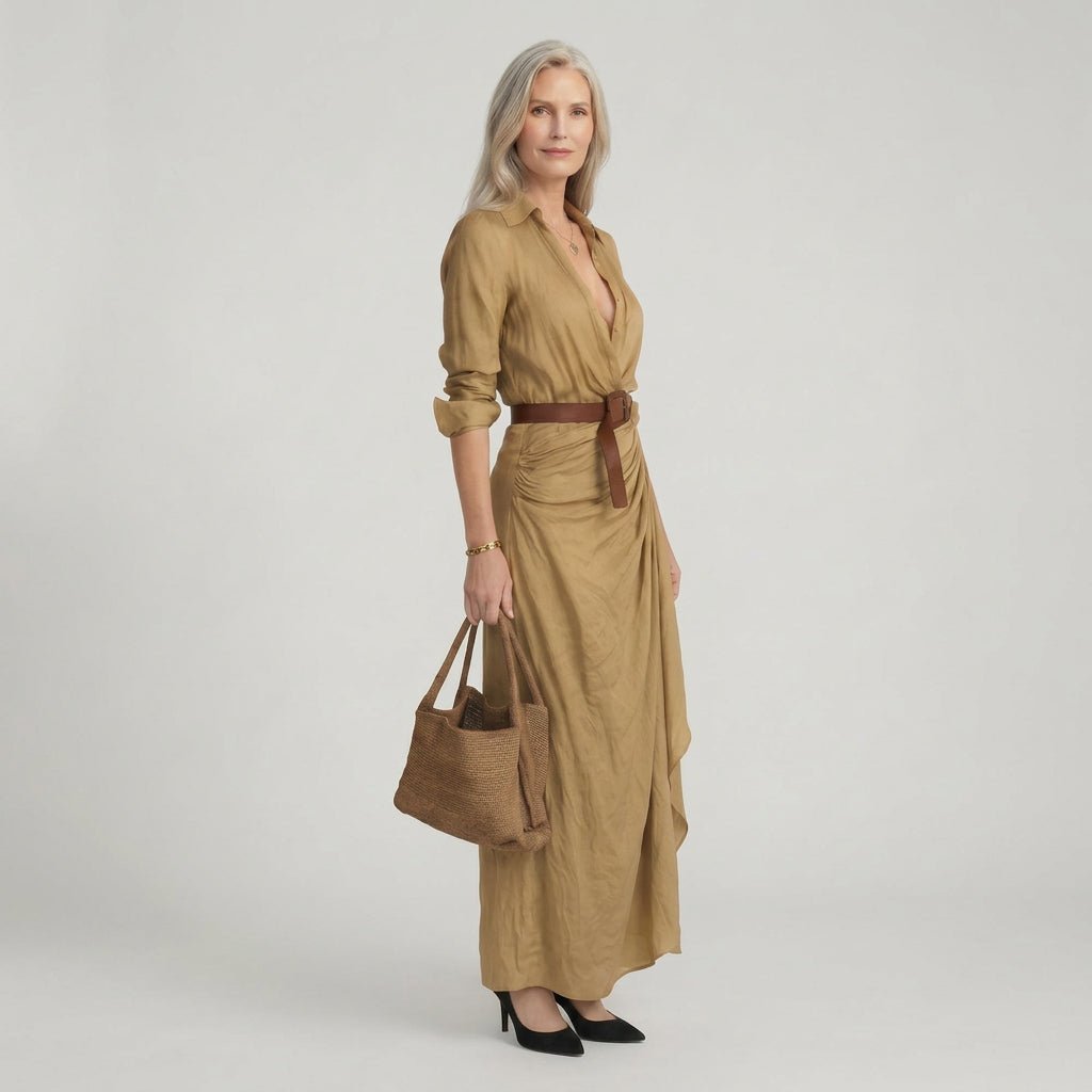 Long Sleeve Belted Shirt Maxi Dress