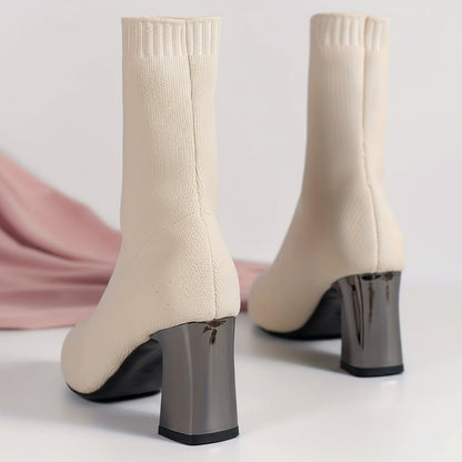 Pointed Toe Block Heel Sock Boots