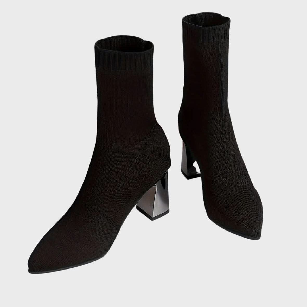 Pointed Toe Block Heel Sock Boots