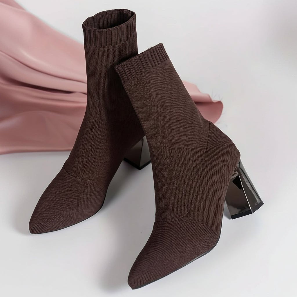 Pointed Toe Block Heel Sock Boots