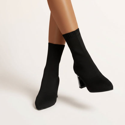 Pointed Toe Block Heel Sock Boots