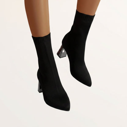 Pointed Toe Block Heel Sock Boots