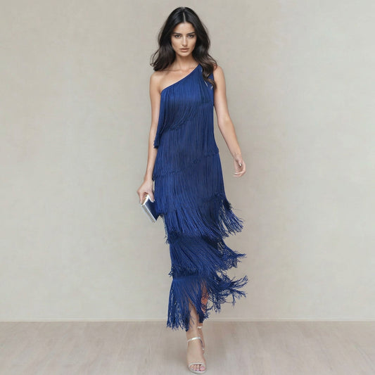 Blair | Women's One-Shoulder Fringe Maxi Dress