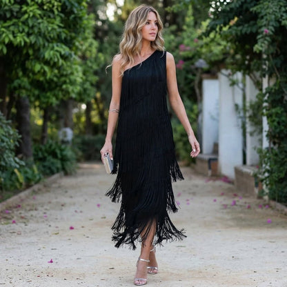 Blair | Women's One-Shoulder Fringe Maxi Dress