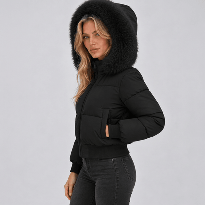 Romy black jacket, hood-up side view