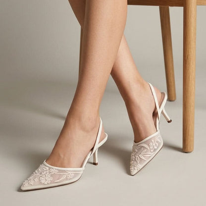 Embroidered Slingback Kitten Heel Footwear