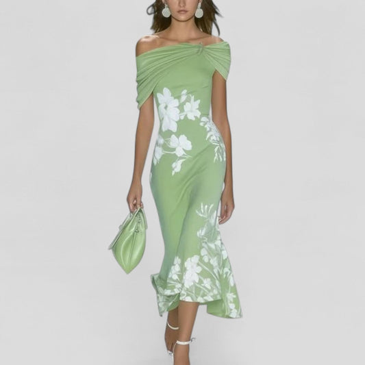 Vestido midi elegante floral con hombros descubiertos