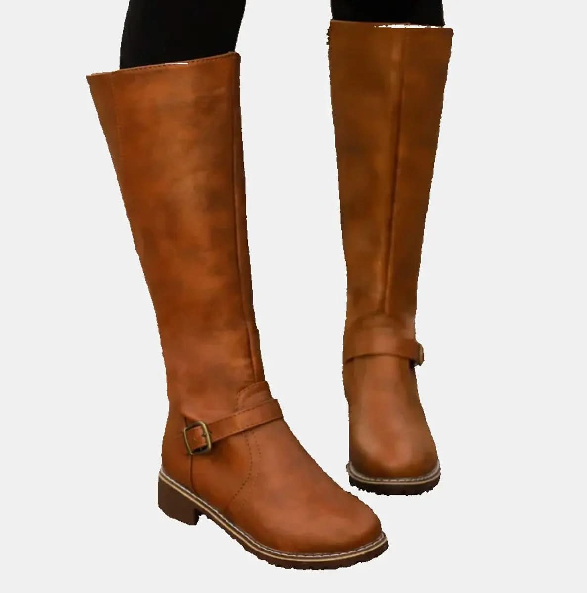 Buckle-Strap Knee-High Riding Boots