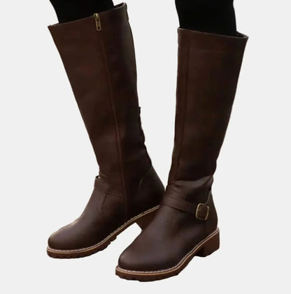 Buckle-Strap Knee-High Riding Boots