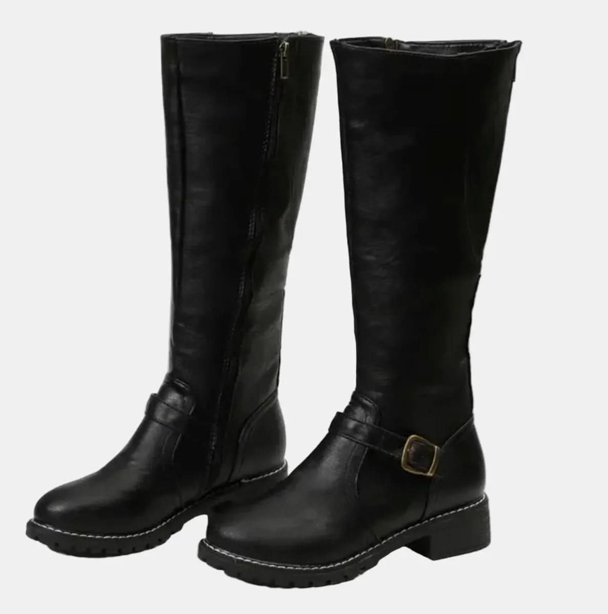 Buckle-Strap Knee-High Riding Boots
