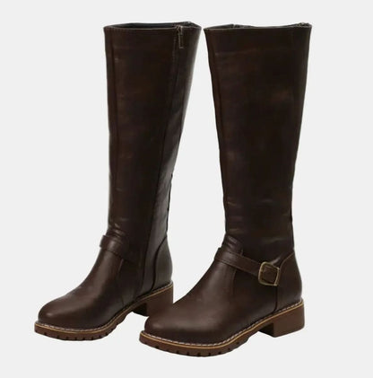 Buckle-Strap Knee-High Riding Boots