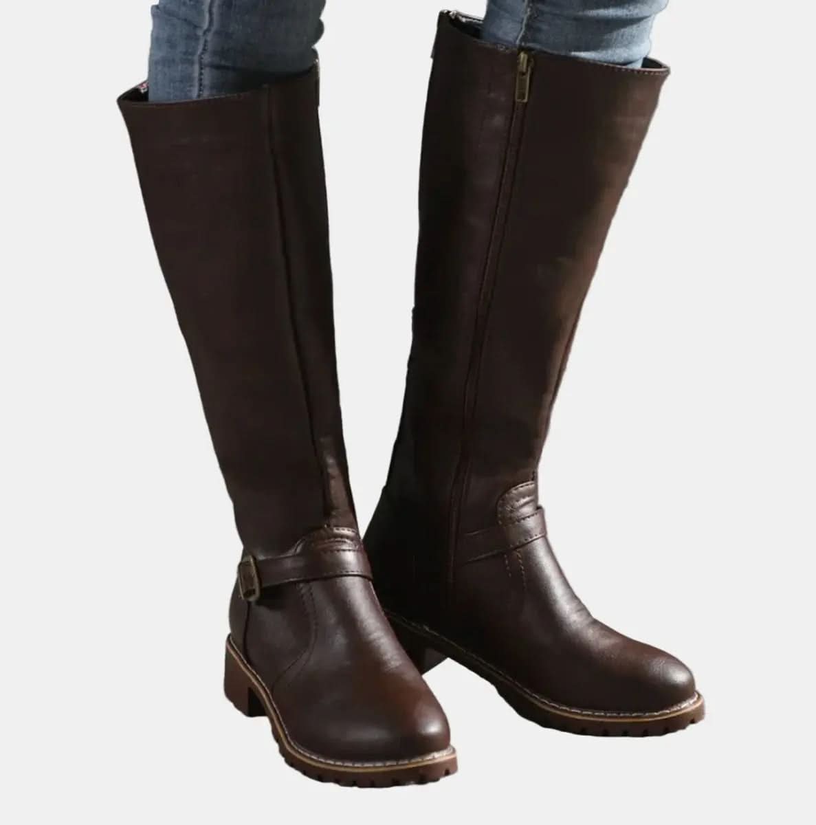 Buckle-Strap Knee-High Riding Boots