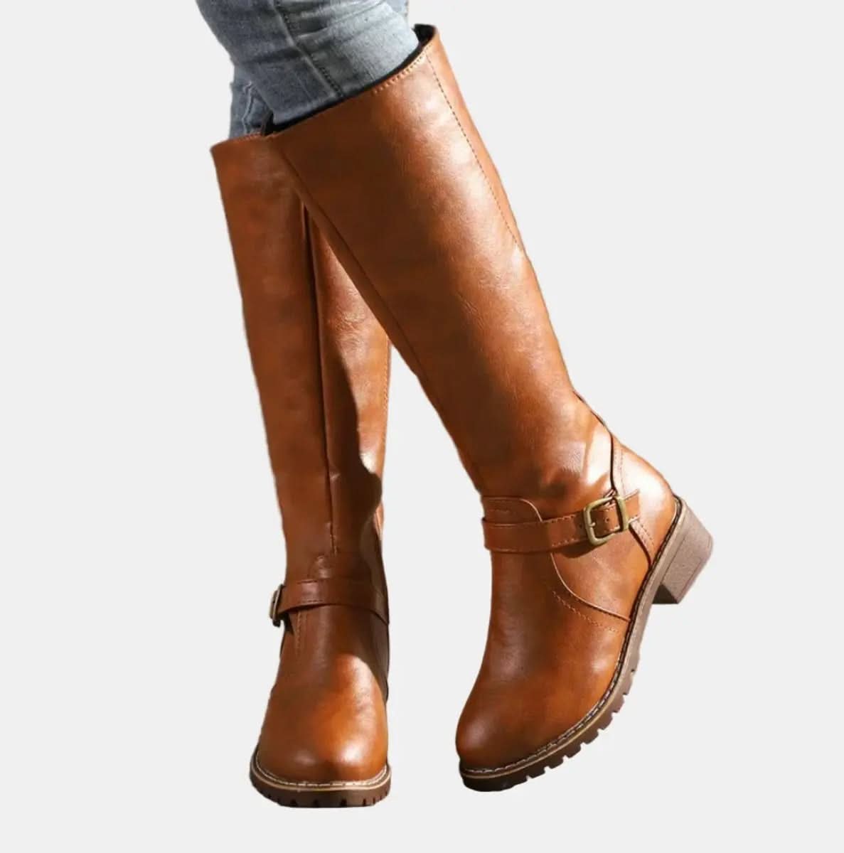 Buckle-Strap Knee-High Riding Boots