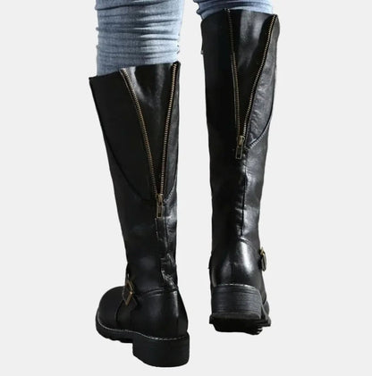 Buckle-Strap Knee-High Riding Boots