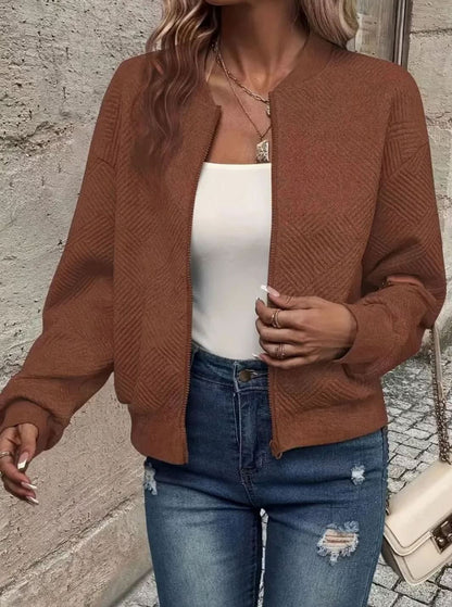Textured Zip Up Bomber Cardigan