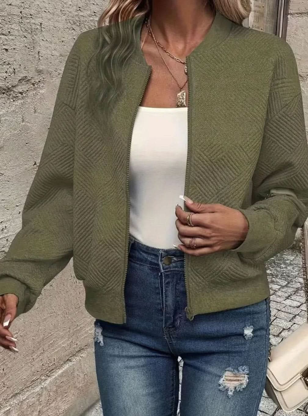 Textured Zip Up Bomber Cardigan